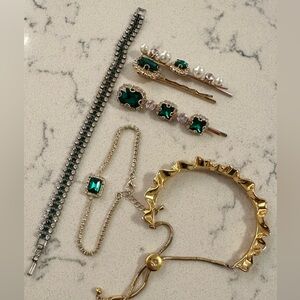 Emerald Green Gemstone ✨🎄 Holiday Jewelry Tennis Bracelets, Hair Pins Set